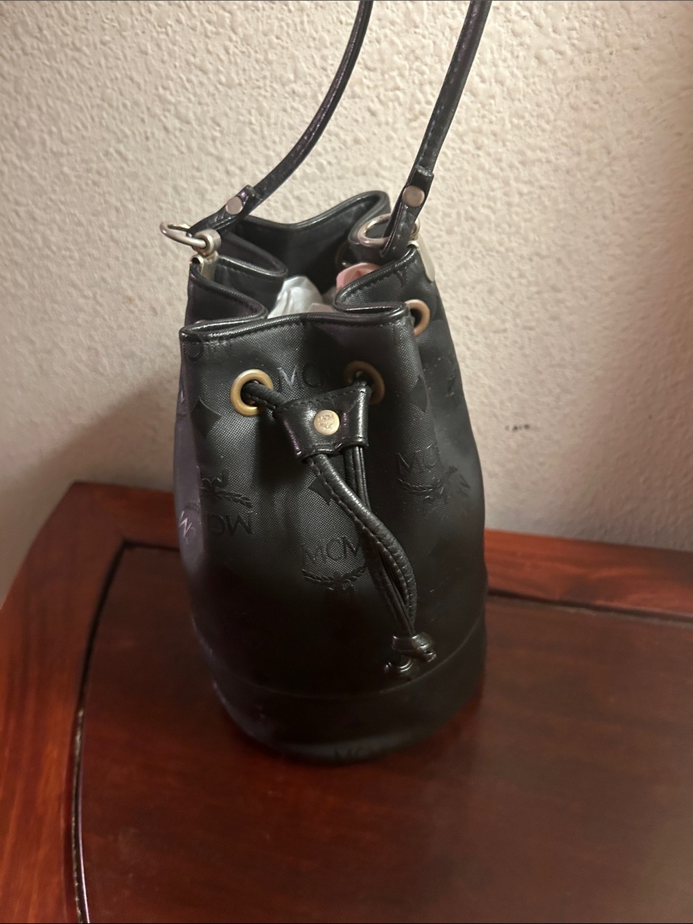 MCM Black Leather Drawstring Mini Bucket Bag with Gold-Tone Eyelets